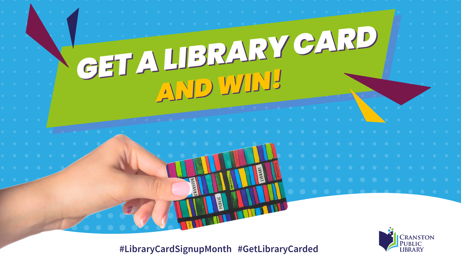 Library Card Sign Up month cntest graphic. Abstract blue background with a hand holding a library card